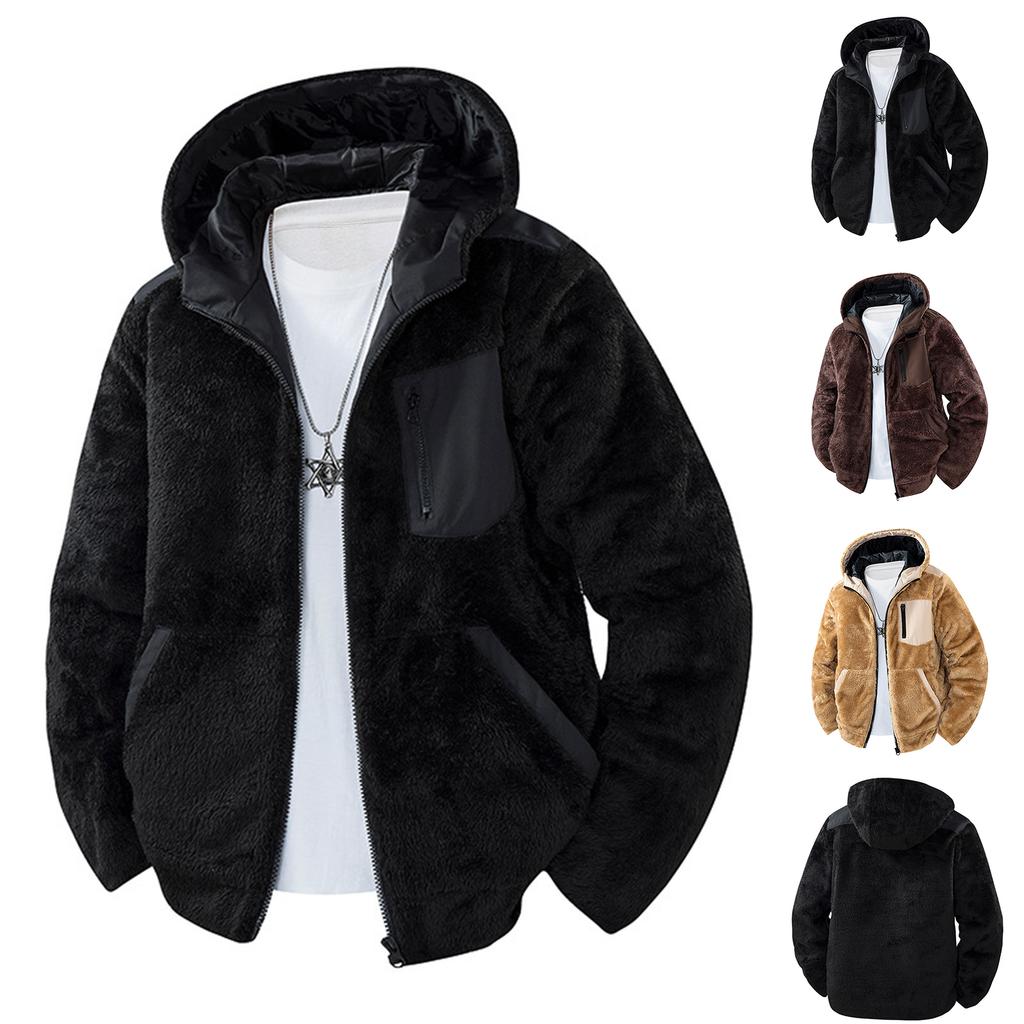 Men's Stand Collar Hooded Lambskin Casual Jacket Cardigan Coat Outdoor Tops
