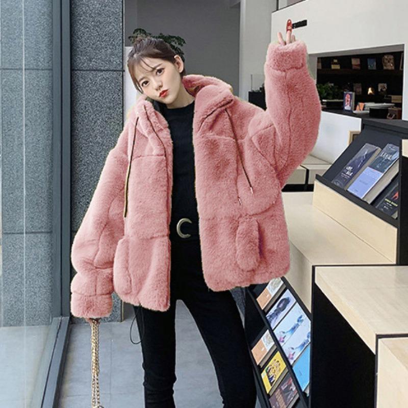 Autumn and winter new imitation fur jacket female Rex rabbit hair imitation fur hooded plush jacket loose warm and fashionable