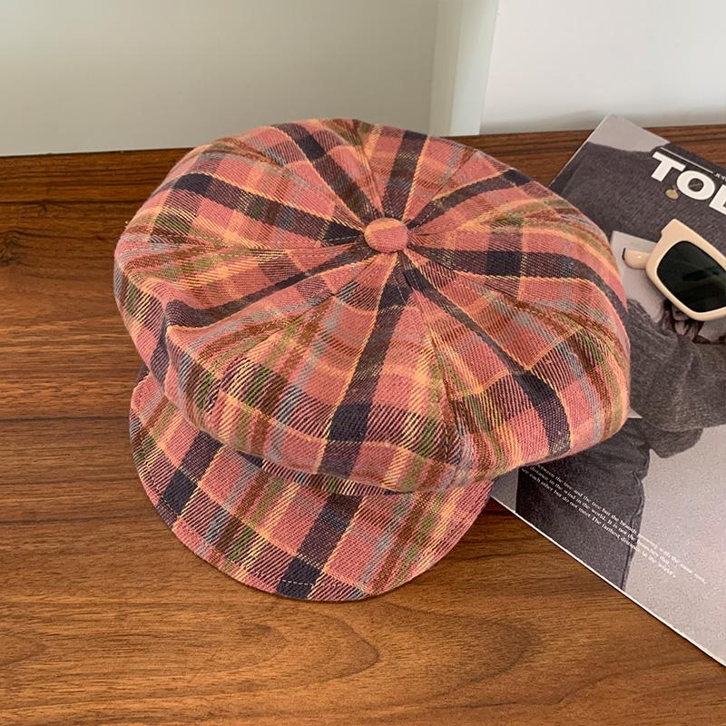 Красная клетчатая кепка художника женская модная беретка, подчеркивающая лицо, маленькая кепка с козырьком, большой обхват головы, облачная шляпа, универсальная восьмиугольная шляпа Adult average size