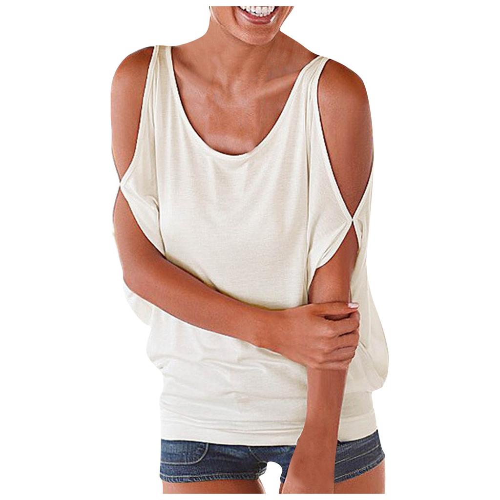 Women's Fashion Solid Color Strapless  Sleeve Loose Hundred Casual T-shirt