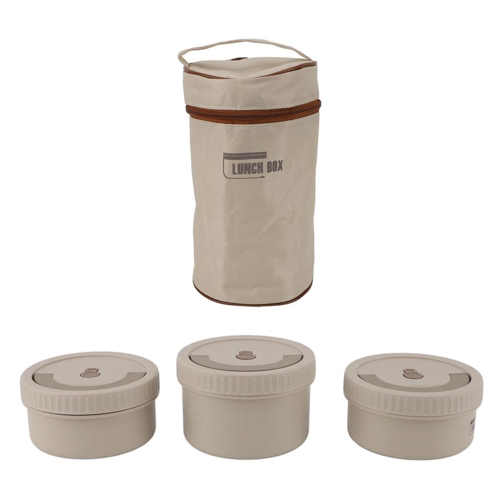 Insulated Food Container Beige 316 Stainless Steel Round Sealed Leak Proof with Bag Insulated Bento