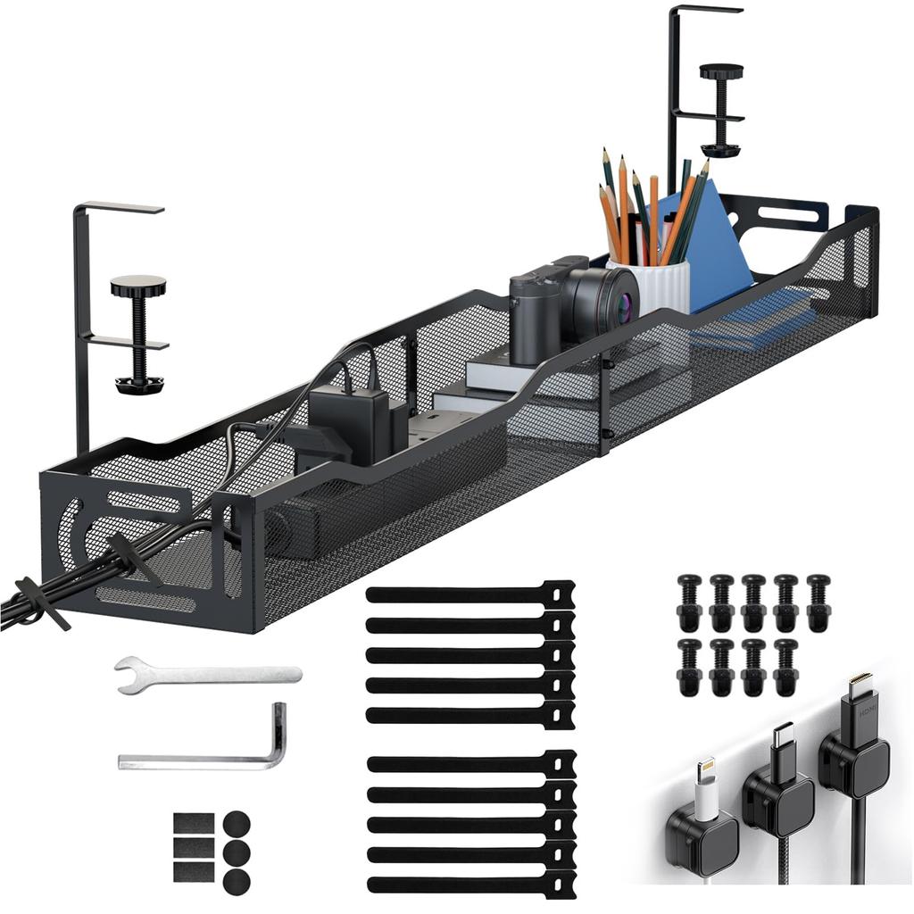 Mozawa Cable Management Tray for Desks, 64cm Wide, Cord Organizer, No Drilling or Tools Required, Easy Installation, Under-Desk Storage, Steel, Includ