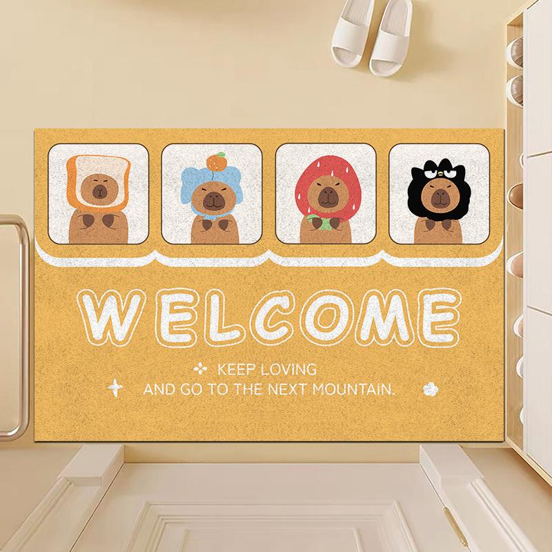 Cute Cartoon Bear Carpet Fruit Capybara Headwear Design Rug "GOOD LUCK" Mat Non-Slip Door Mat for Entryway Home Decoration