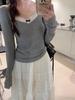 Gray Lace-Stitched Long Sleeve Top: 2024 Spring/Autumn Niche Women's Shirt