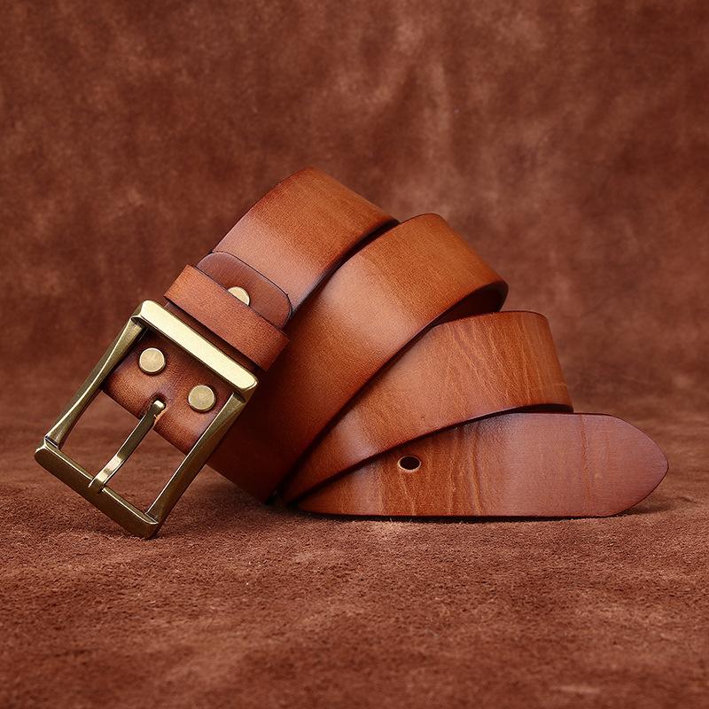 Retro Style Belt American Hand-Frosted Men'S Belt First Layer Pure Cowhide Copper Buckle Jeans Genuine Leather Belt