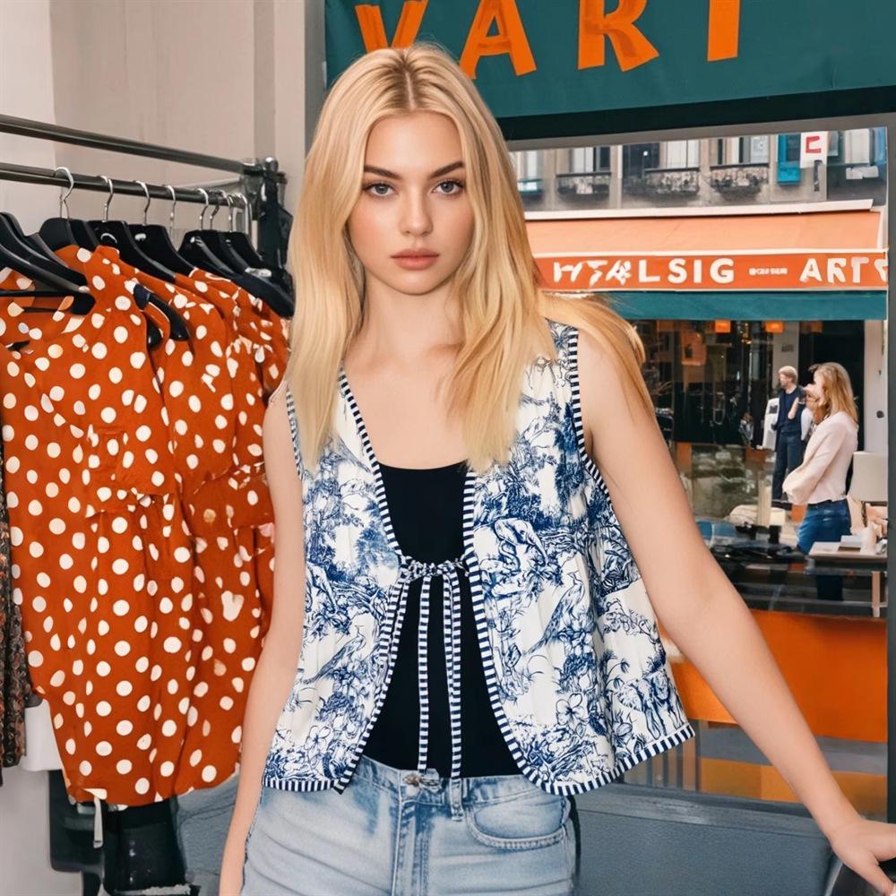 

Spring/Summer 2025 Women s Loose V-Neck Printed Tie-Up Vest Large