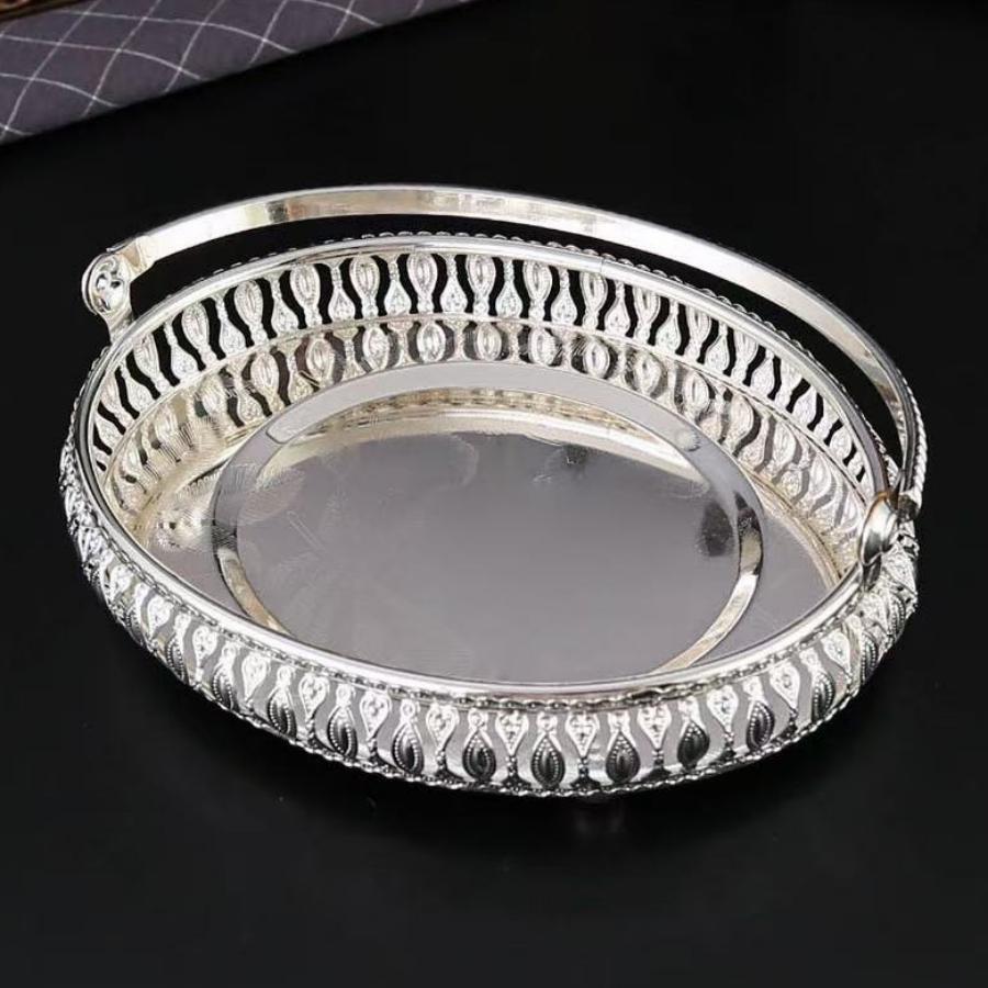 Vassoio Frutta, Piatto Rotondo in Lega Portatile Disco Argento per Snack, Decorazione Scrivania Soggiorno Forniture per Conservazione Torte Decorazione Matrimonio