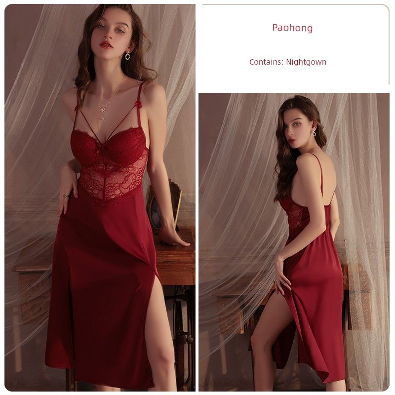 Good Morning with You: French Sexy Lace Long Slip Nightdress Split Pure Desire with Chest Pad Small Chest Pajamas Push Up