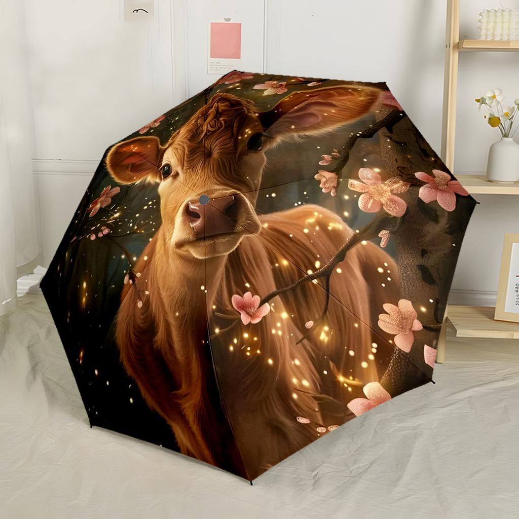 Retrato de Vaca Floral Paraguas Automático Plegable Portátil con 8 Varillas Plástico y Hierro Duraderos Uso en Todas las Estaciones Amantes de la Moda
