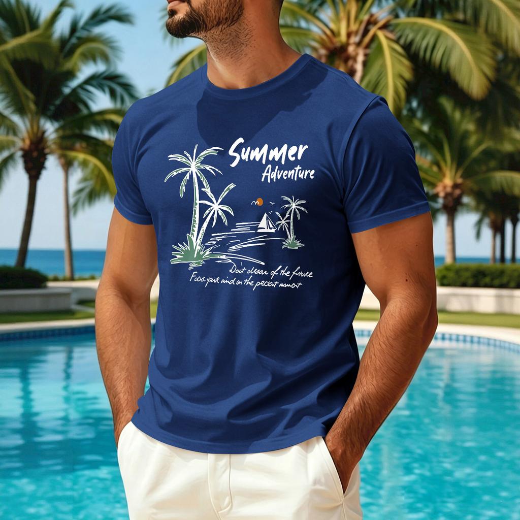 T-shirt décontracté d'été à manches courtes pour homme en tissu soie glacée séchage rapide respirant léger col rond imprimé pour activités de plein air