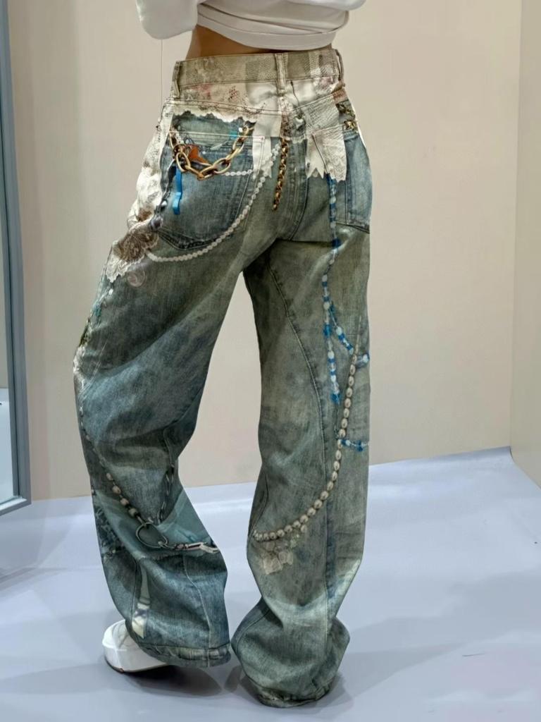 Lace Print Retro Wide-Leg Jeans