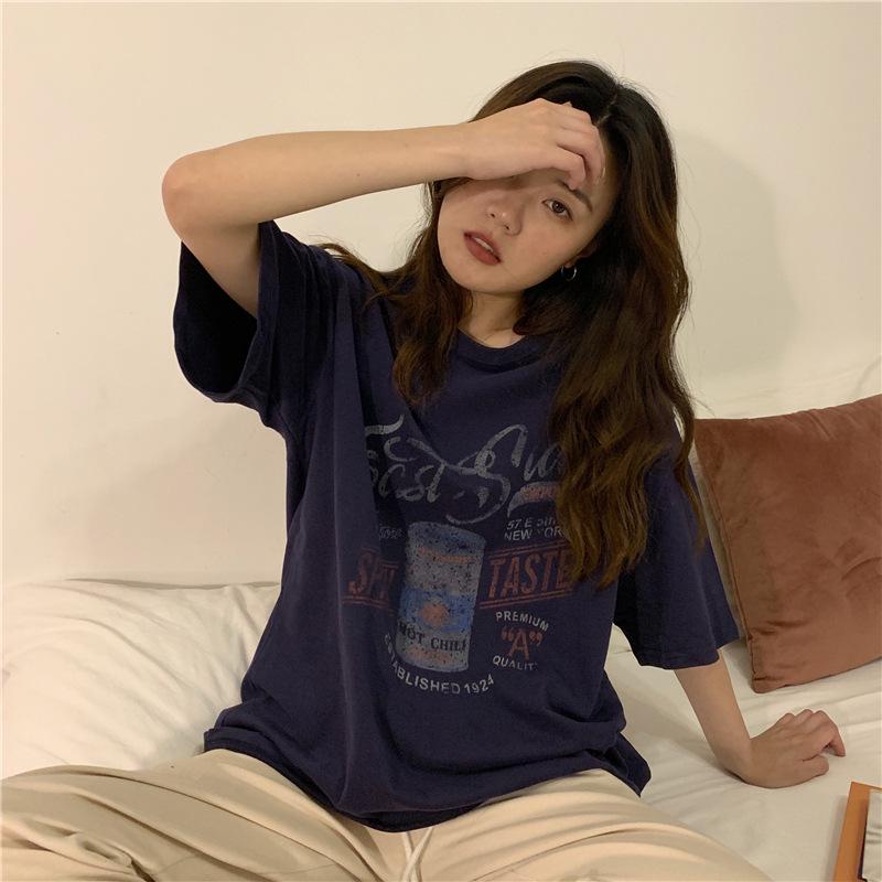 Women's Cotton Printed Crew Neck T-Shirt - Loose, Short Sleeve, Casual Summer Korean Style for Students and Couples