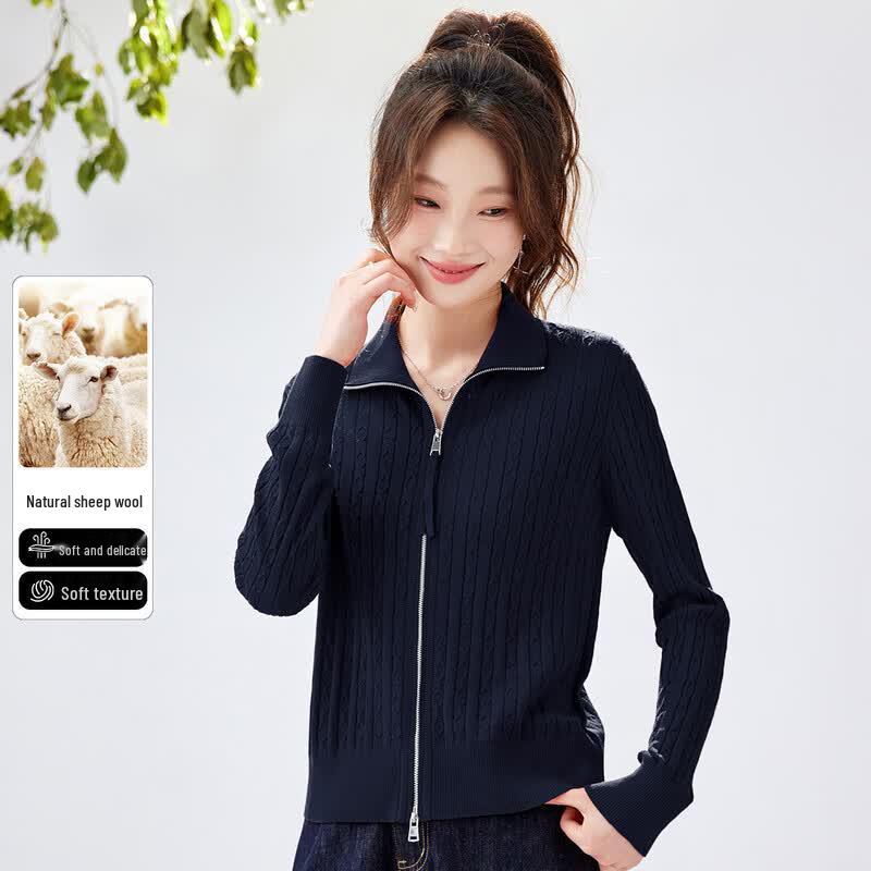 Snowflying Women s Lamb Wool Double Zip Cable Knit Cardigan 39 темно-синий