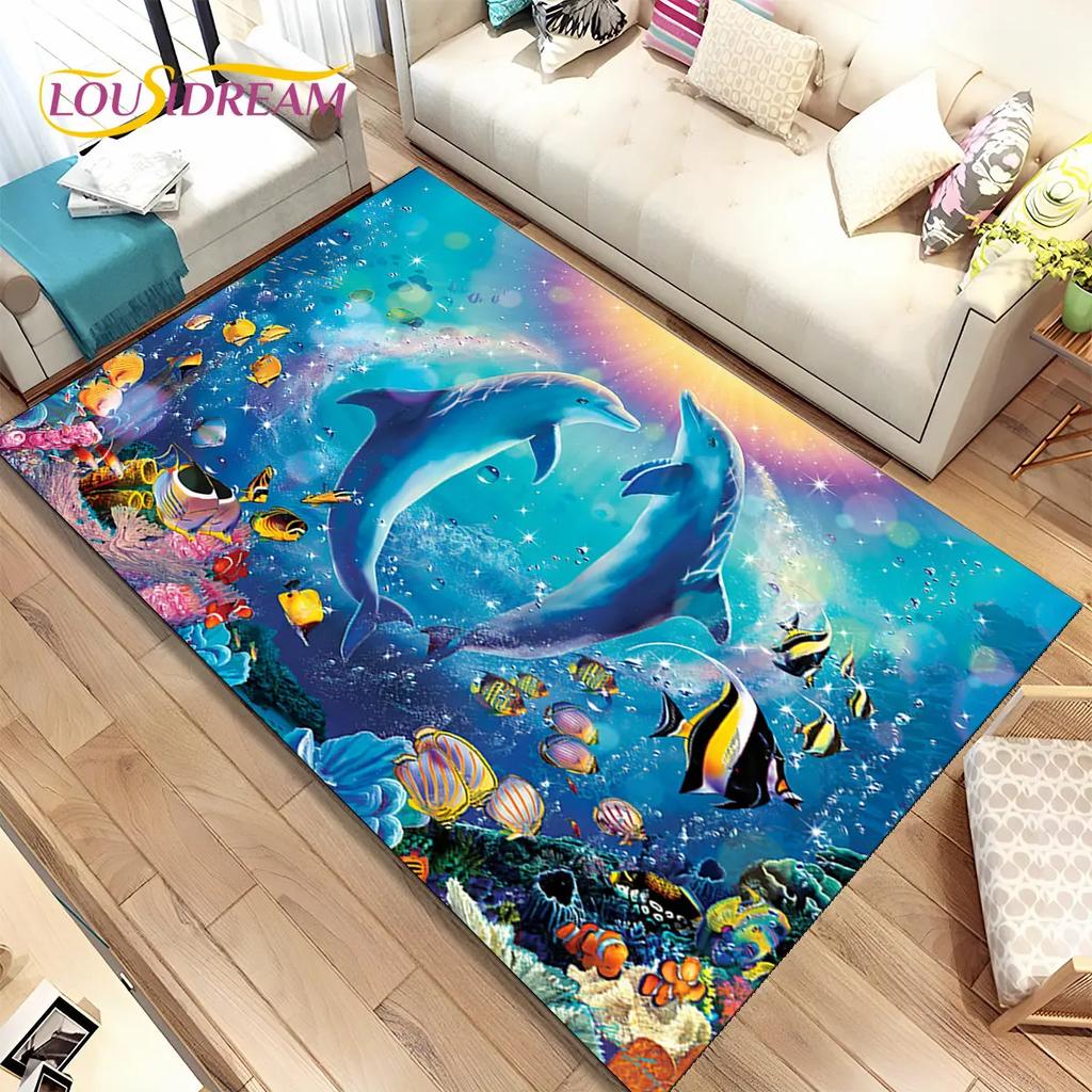 3D Seabed Underwater World Dolphin Turtle Area Rug,Carpet Rug for Living Room Bedroom Sofa Doormat,kids Play Non-slip Floor Mat