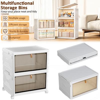 1-2Tier Large Capacity Folding Storage Box, Plastic Folding Organizer, Stackable Durable Foldable Storage Bin with Lid and Wheel