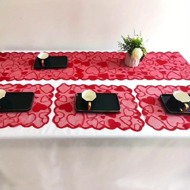 5Pcs Valentines Theme Lace Table Runner and Placemat Set with Heart Pattern Romantics Weddig Anniversaries Dinner Decors