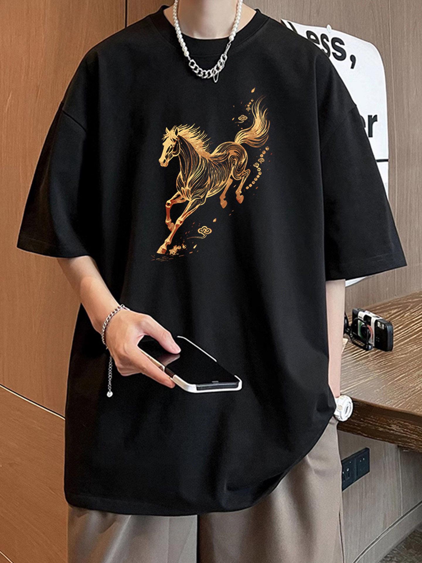 

2026 Men s Year of the Horse Trendy Cotton Loose Fit Short Sleeve T-shirt L