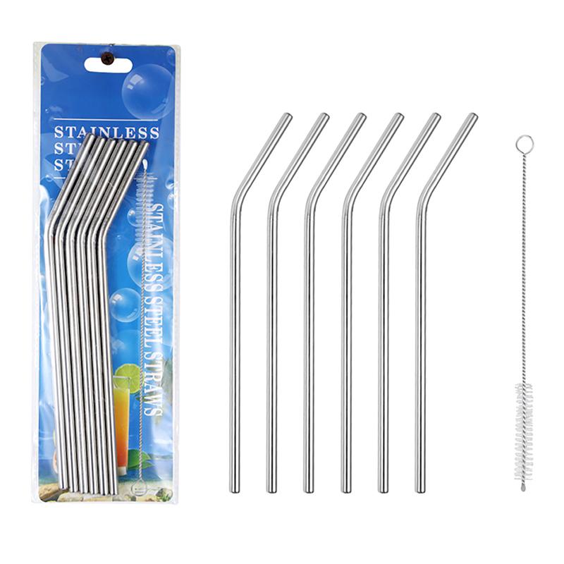 6Pcs Metal Reusable 304 Stainless Steel Straws Straight Bent Drinking Straw With Case Cleaning Brush Set Party Bar Accessory