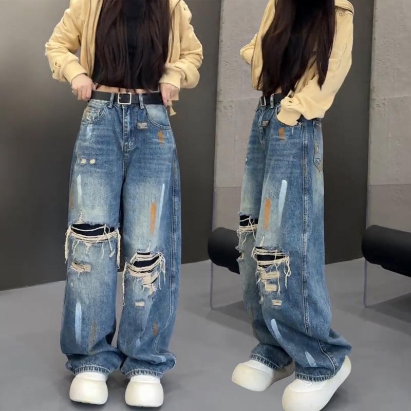 

2026 Spring Plus Size High-Waisted Ripped Wide-Leg Jeans for Pear-Shaped Figures - Slimming, Loose, and Floor-Length 3X Large синій