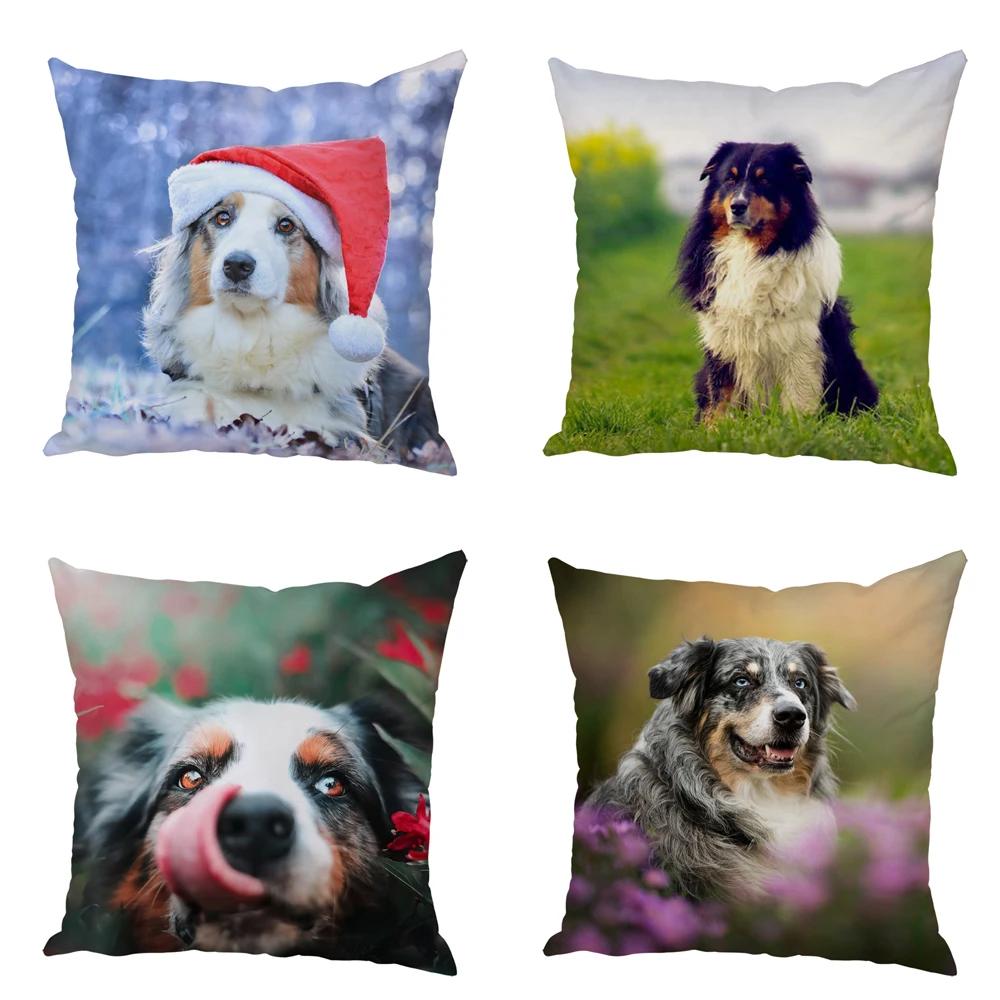 Cute Australian Shepherd Dog Pillow Case Peach Skin Decor Pet Animal Cushion Cover Thorw Pillowcase for Sofa Home Car 45x45cm
