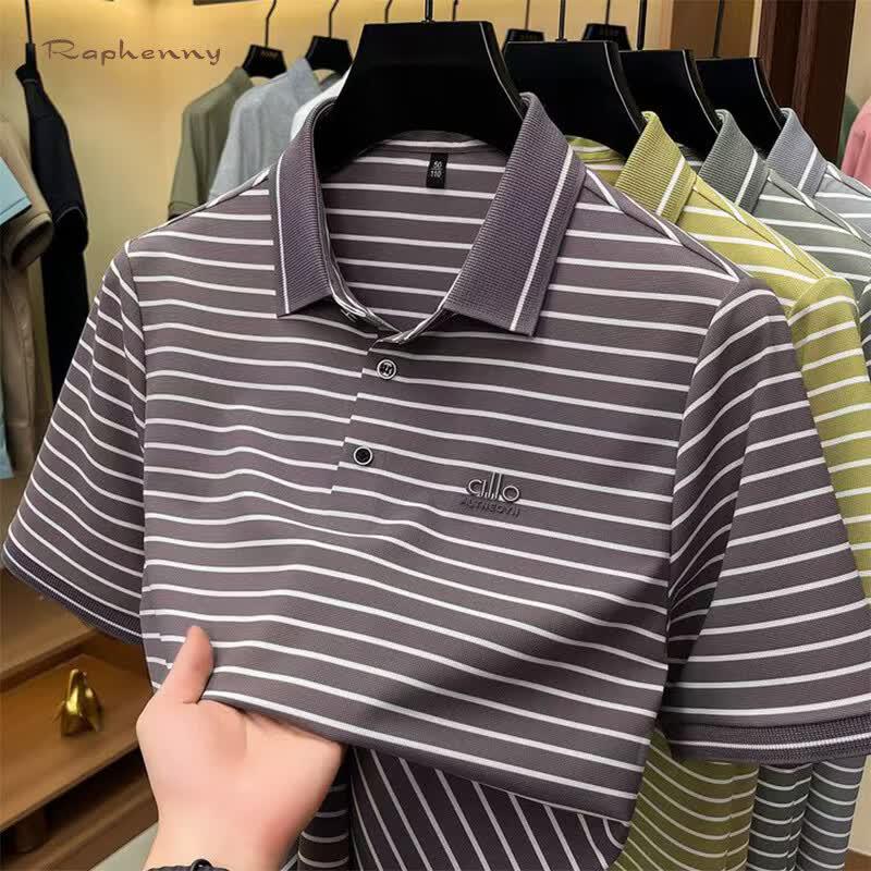 Raphenny Men s Business Striped Seamless Lapel Short-Sleeve Polo Shirt 4XL