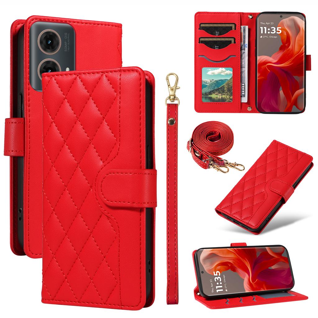 For Motorola Moto G85 5G/ S50 Neo 5G Case Wallet Rhombus Leather Phone Cover with Shoulder Strap,Wrist Strap