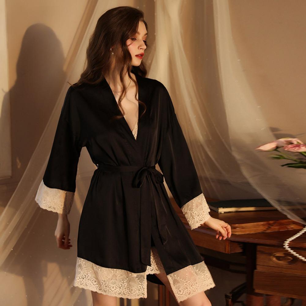 Private Sexy Pajamas, Women's Long-sleeved Satin Lace Lace-up Nightgown and Robe