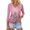 Women's Casual Fashion Sexy Comfortable Christmas Print V-Neck Button Three-quarter Sleeve Top