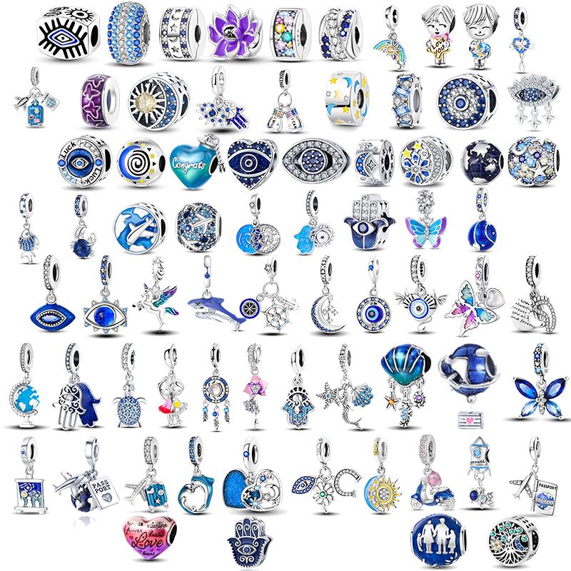 Copper Demon Eyes Beads Blue Fatima Hamsa Hand Dangle Charms Fit Original Bracelet Beads For Jewelry Making