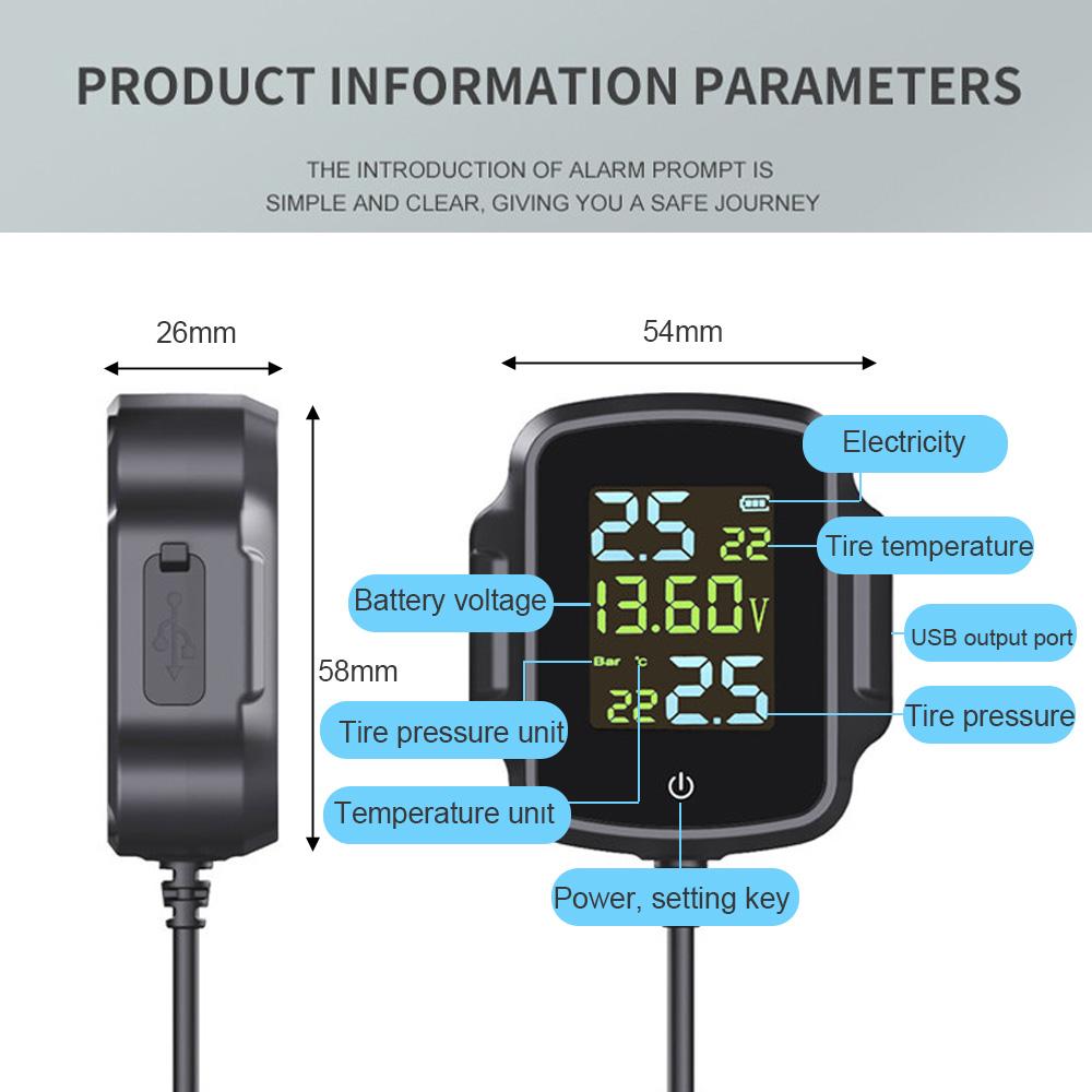 External Motorcycle TPMS Tire Pressure Monitoring System Big Wireless LCD Colorful Display Shift For Status Precise Digital Moto