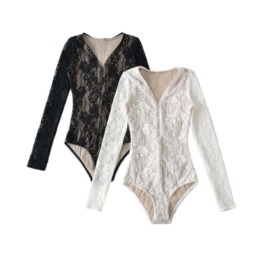 Elegantní krajkový body 2026 se zipem a výstřihem do V - Stylový, zeštíhlující top s dlouhým rukávem