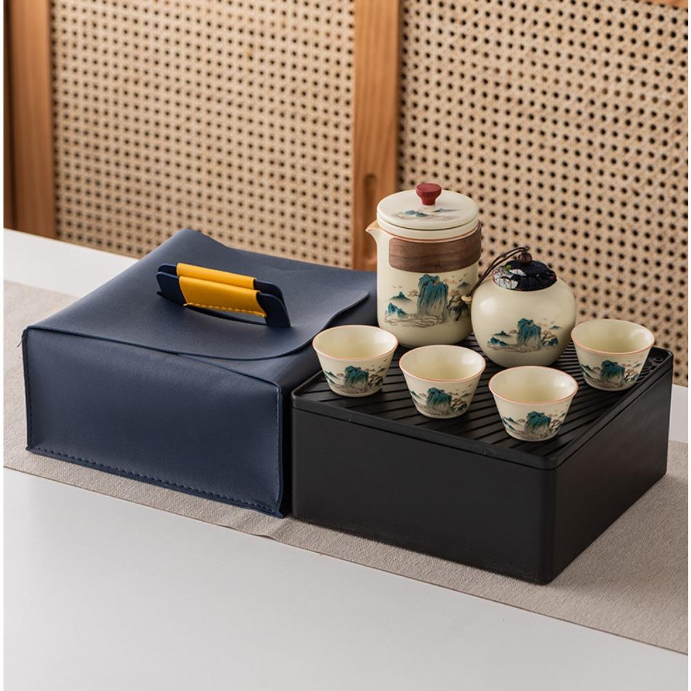 Ru kiln outdoor travel kung fu tea set gift box set high-end Guochao merchandise teacup business gift