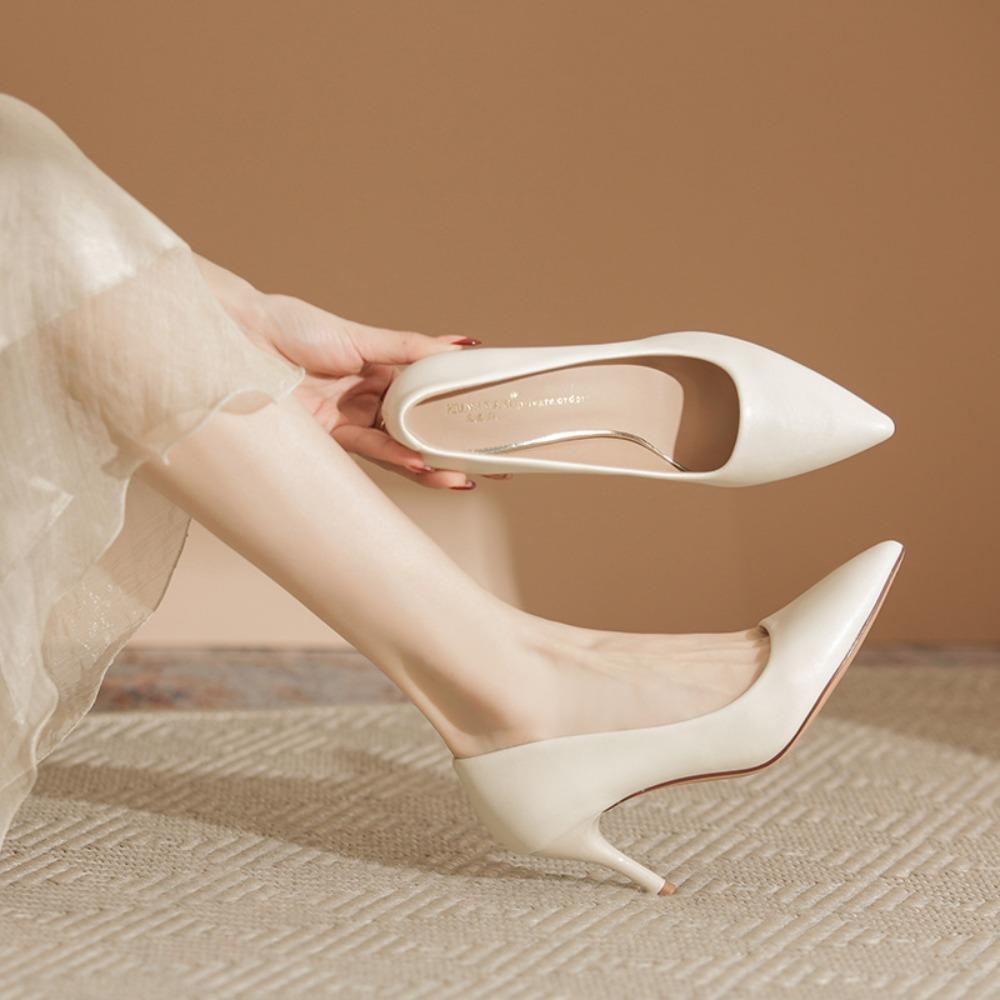 2026 Neue Damen-High Heels aus weichem Leder - Dünner Absatz Spitz zulaufende Spitze Off-White Professionelle Arbeitsschuhe, Ermüdungsfreie Füße, XCY41-Y5-8