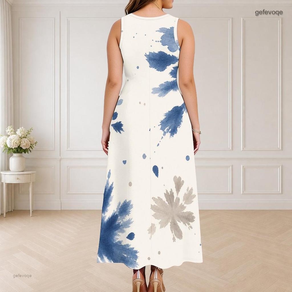 Women Plus Size Round Neck Triple Keyhole Cutout Sleeveless Abstract Printed Long Dress