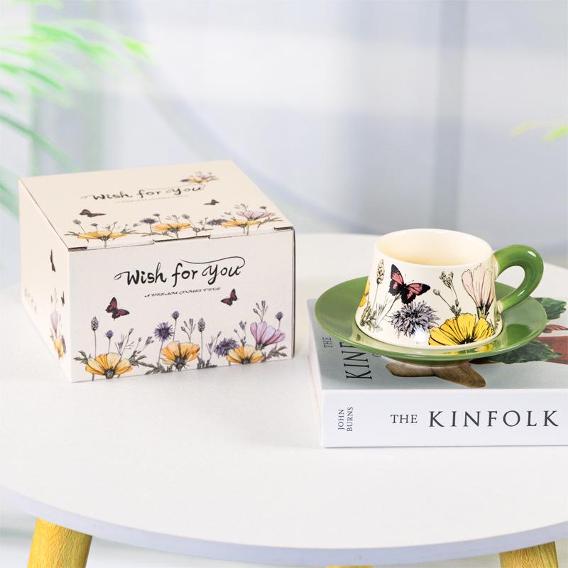 Niche Hand-Painted Floral Ceramic Coffee Cup and Saucer - Luxurious Nordic Design