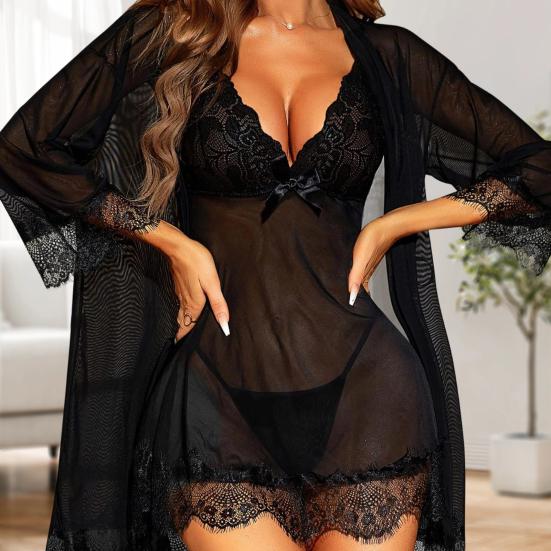 Sexy Lace Pajama Set for Women Babydoll Chemise Nightgown And Kimono Robe Set with Thong 3 Piece Sheer Mesh Sleepwear