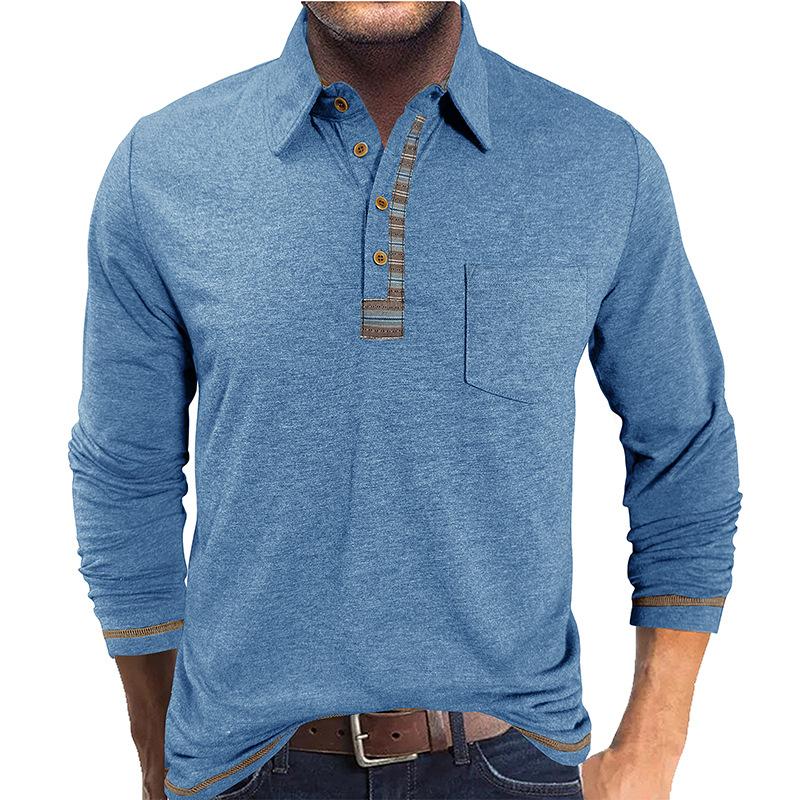Men's Buttoned Lapel Colorful Cotton Long-sleeved POLO Shirt Casual Fashion Pocket Bottoming Top