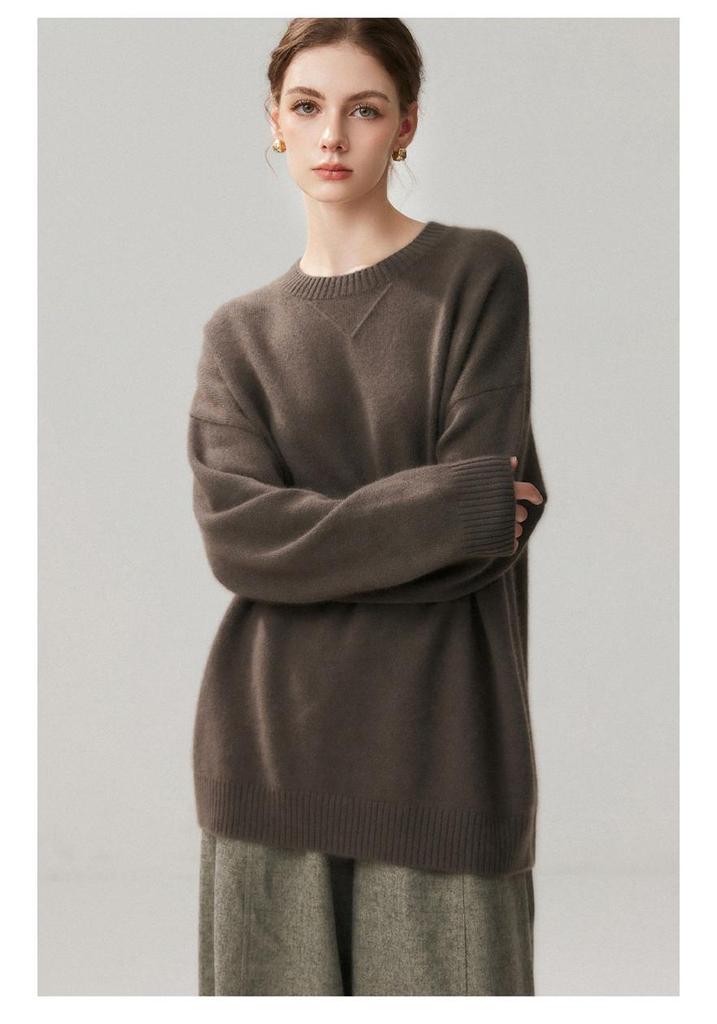 Women's Mid-Length Thickened Cashmere Sweater, Round Neck, Loose Fit, Simple Commuting Style - Ideal for Autumn and Winter Layers