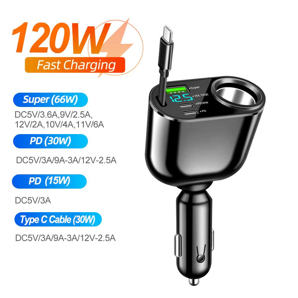 3 Ports PD+QC3.0 Car Phone Charger 12V/24V Super 66W Quick Charger 90W Car Cigarette Lighter Power Adapter Digital Voltmeter