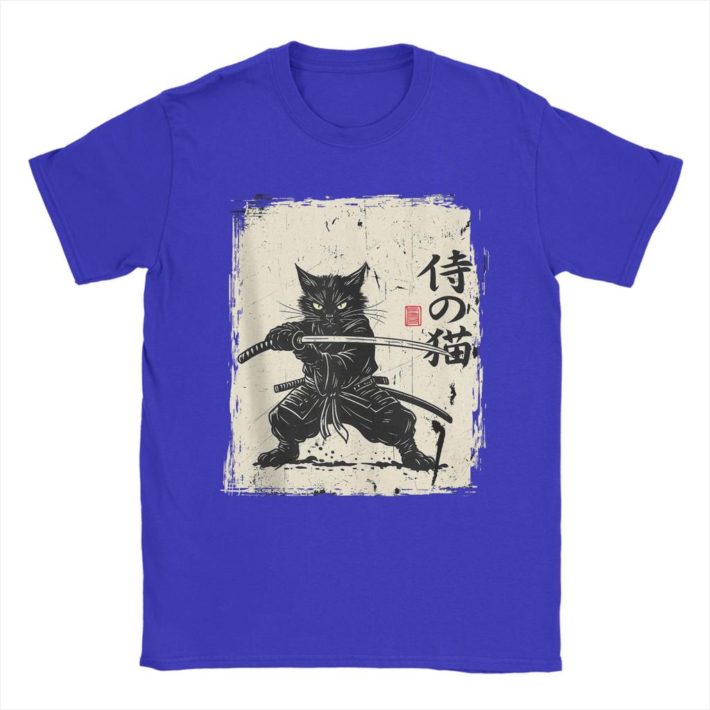 Vintage Anime Cat Japanese Art Funny Samurai Cat T Shirts Unisexs Cotton Vintage TShirt Round Neck Tees Short Sleeve Tops 5XL 6XL