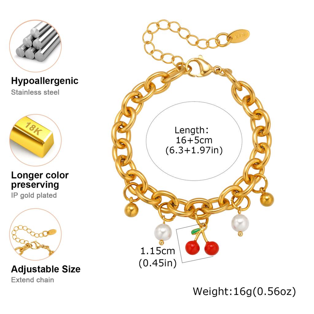 Trendy Sweet Red Cherry Strawberry Bracelet for Women, 18K Gold Plated Stainless Steel Charm Bracelet,No-fading Delicate Jewelry