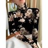 Women's Spring and Autumn Retro Floral Print Versatile Slim-Fit High-Neck Ruffled Long-Sleeve Base Shirt