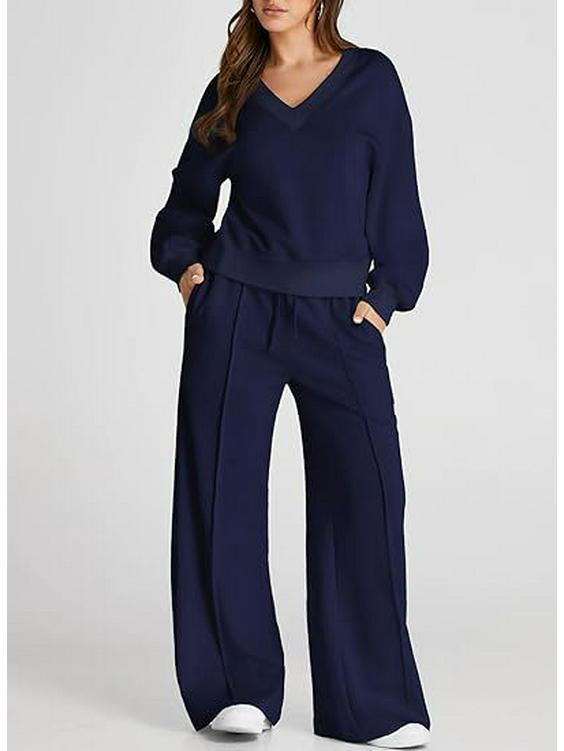 Conjunto Casual de Sudadera de Color Sólido con Cuello en V y Pantalones Largos para Mujer Otoño/Invierno 2025 - Moda Europea/Americana