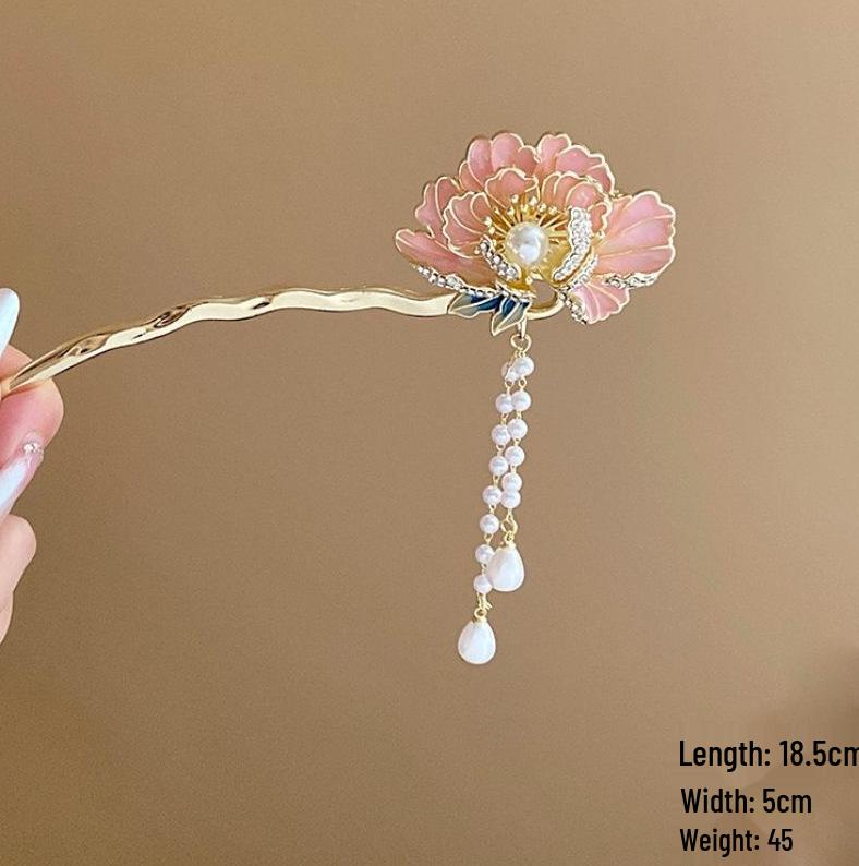 Épingle à cheveux vintage en forme de U avec pompon paon pour femmes - Épingle à chignon nacrée pour Cheongsam et Hanfu