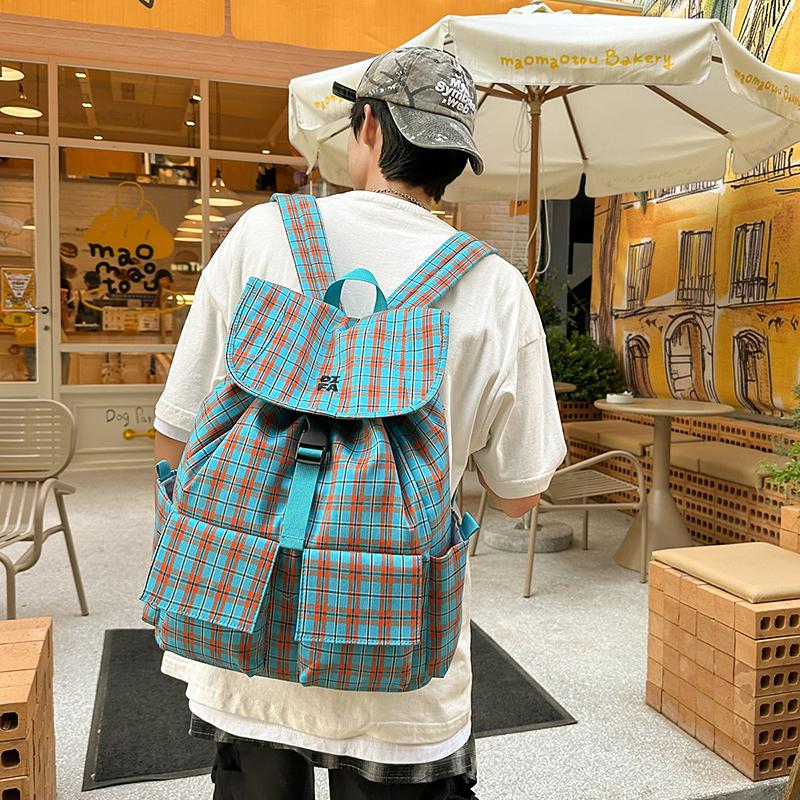 Vintage Plaid Men's Backpack Student Backpack Color Block Women's Schoolbag