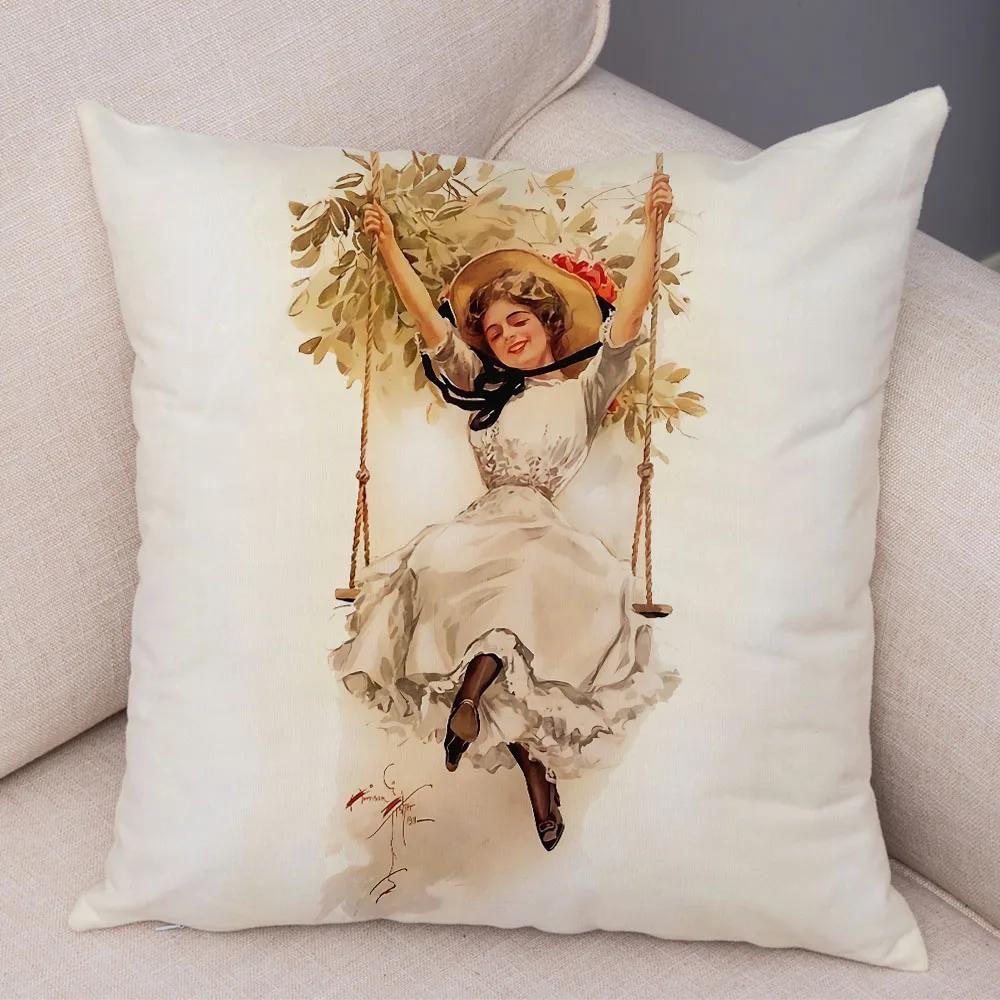 European Lady Cushion Cover Decor Vintage Style Elegant Women Print Pillowcase for Sofa Home Car Soft Plush Pillow Case 45x45cm