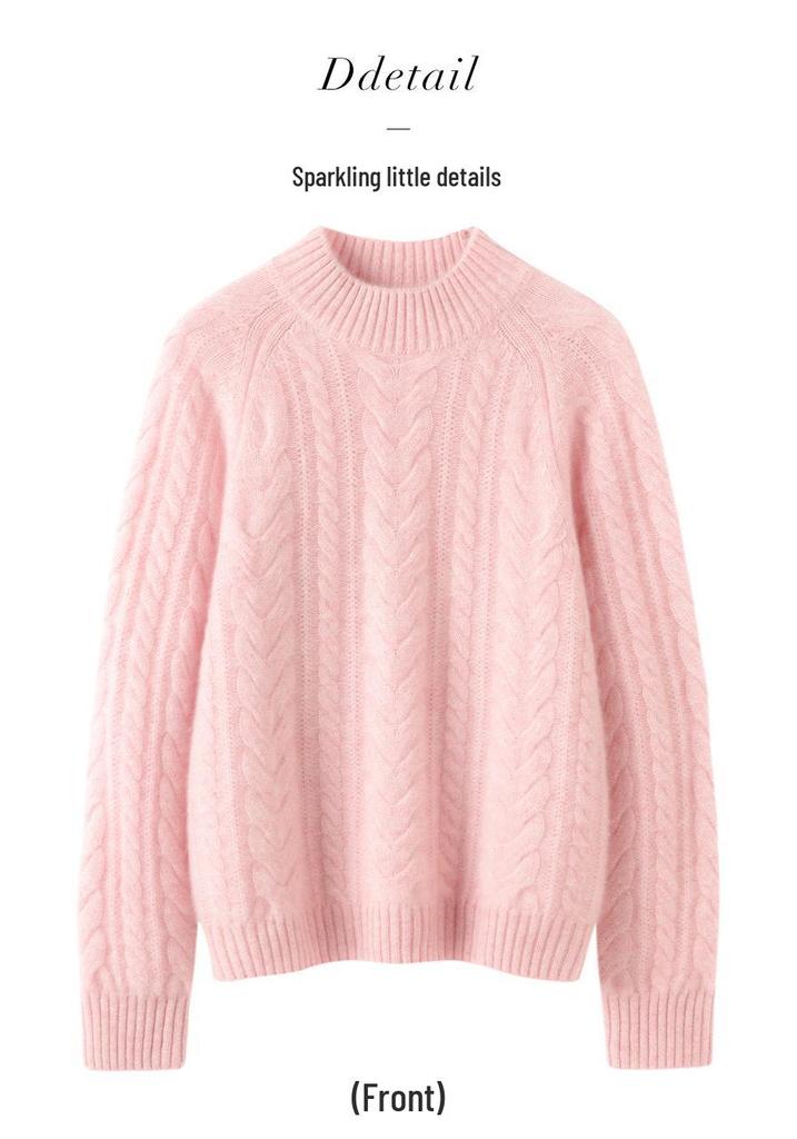 Women's Autumn Winter Cashmere Cable Knit Half Turtleneck Sweater - Solid Color, Slimming, Long Sleeve, Soft