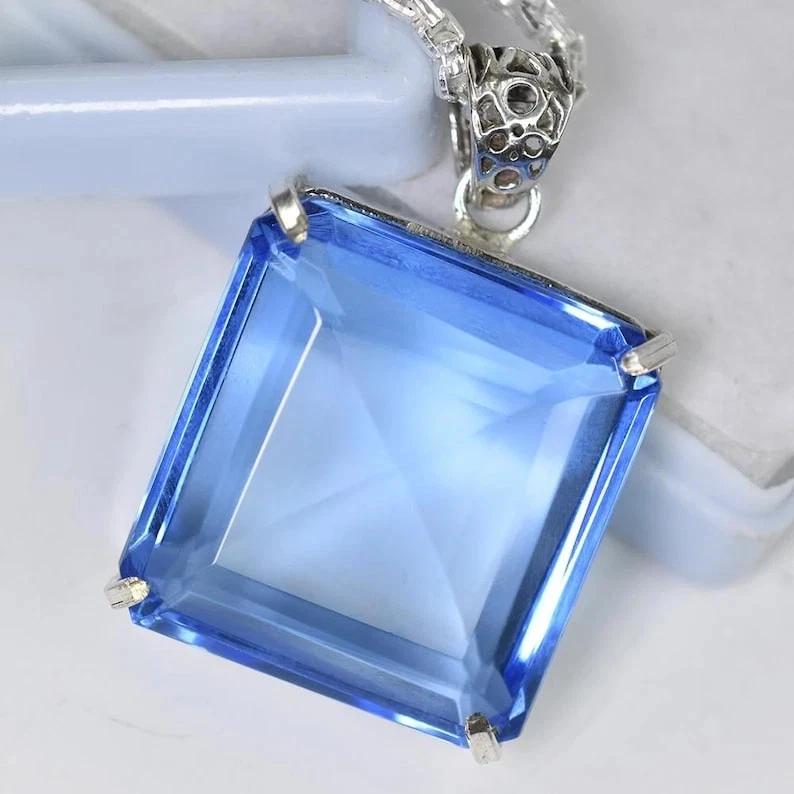 100 Ct Natural Blue Topaz Asscher Cut 925 Sterling Silver Gemstone Pendant
