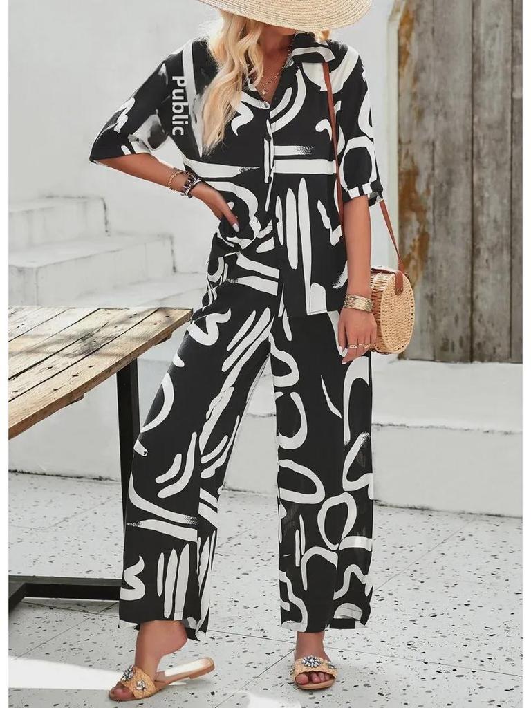 Diyun Pomichia Damen Frühling/Sommer 2025 Lässiger bedruckter Hosenanzug mit kurzen Ärmeln