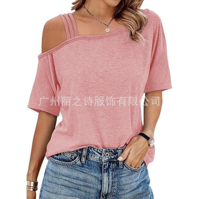 

YYFS Женская мода повседневная летняя весна однотонный принт короткий рукав косой воротник блузки и рубашки XXL розовый